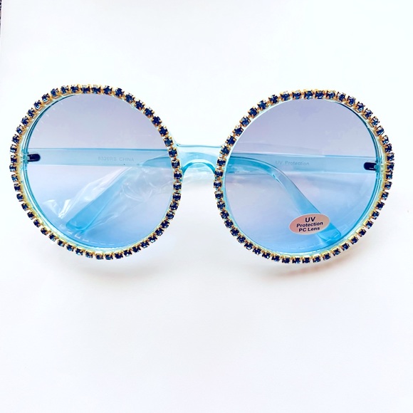 🔥BLING🆕BLUE ROUND RHINESTONE SUNGLASSES - Picture 4 of 4